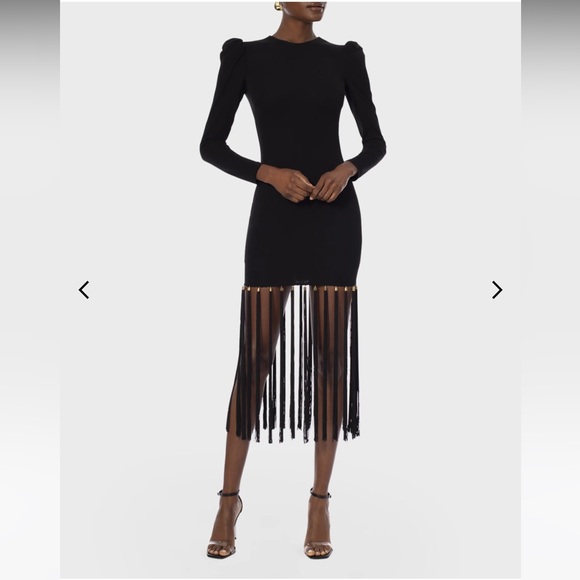 NWT - HELSI “Greta” Puff Sleeve Black Fringe Midi Dress with Gold Accents - Picture 2 of 15